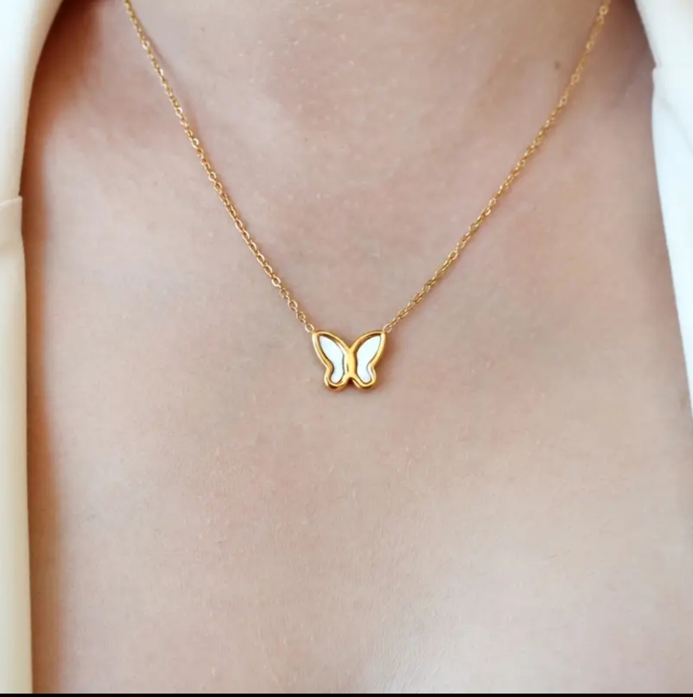 18k Gold Plated Stainless Steel White Butterfly Necklace